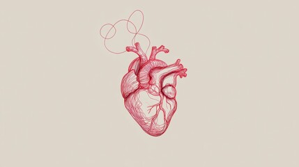 Minimal red anatomical heart line illustration for cardiology awareness and World Heart Day campaigns