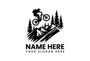 Stylized black vector logo featuring extreme mountain biker airborne over rough terrain with forest backdrop