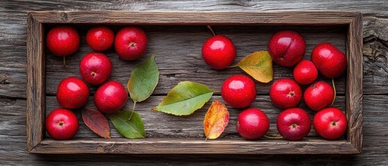 A rustic wooden crate overflowing with vibrant red crabapples, nestled amongst autumnal leaves on a weathered wooden surface