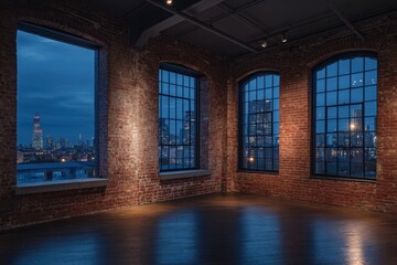 Fototapeta premium Industrial loft interior with city view at dusk.