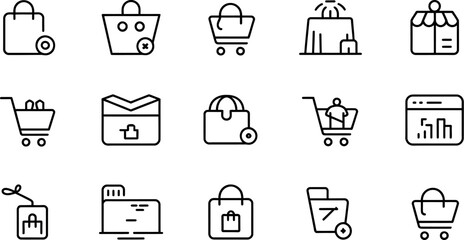Collection of line art icons representing shopping and e commerce themes