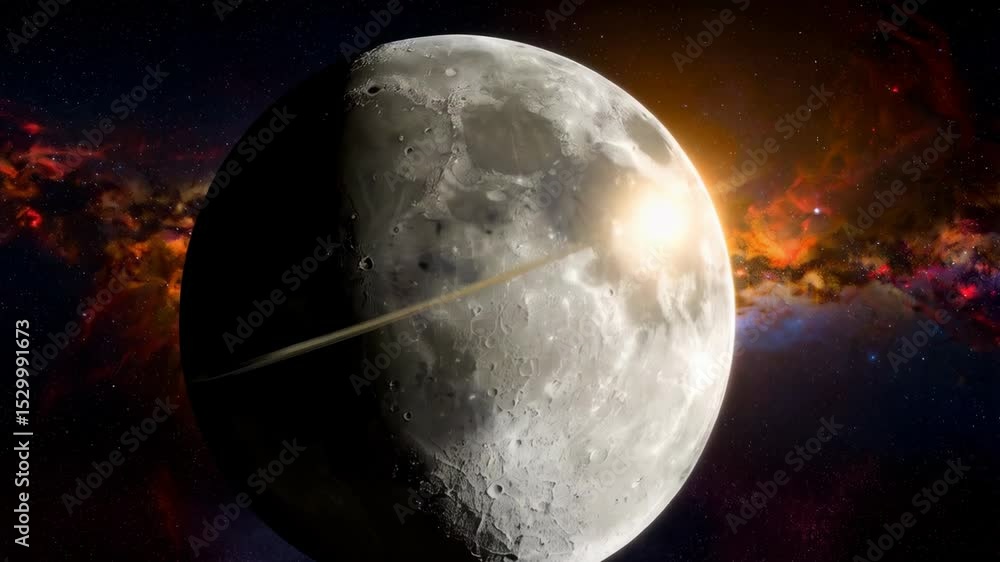 Poster digital rendering of a moonscape with planetary ring in front of a colorful nebula and distant stars