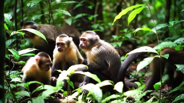 Group of monkeys playing and grooming each other in a lush tropical rainforest