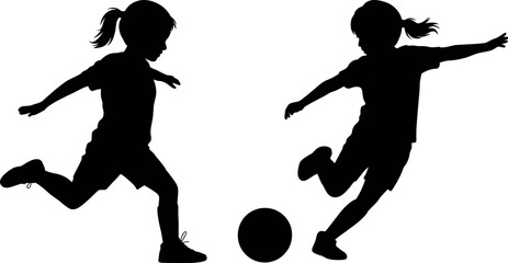 Two girls silhouettes playing soccer kicking a ball on a white background