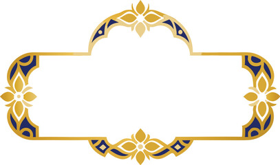 Decorative gold and blue ornamented frame with flourishes and floral elements on white background