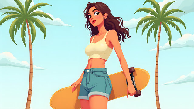 Young woman holding skateboard with palm trees and blue sky background illustration