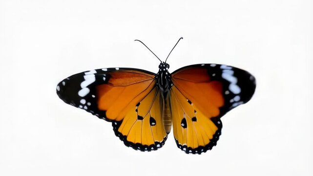 Vibrant monarch butterfly with intricate wing patterns isolated on clean white background, showcasing nature's beauty and delicate design.