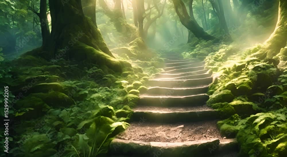 Poster mystical forest path a path of stone steps winds its way up through a mystical forest bathed in ethe