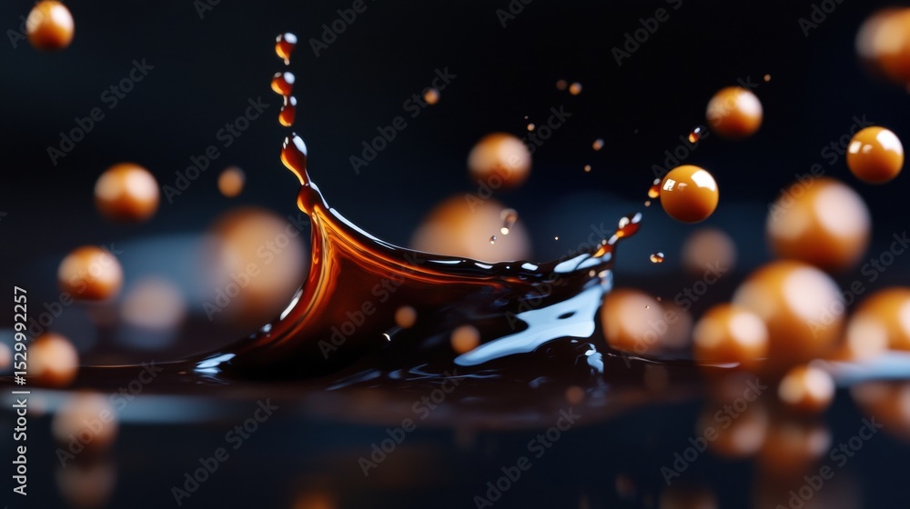 Poster dynamic chocolate splash with floating caramel balls in a dark setting