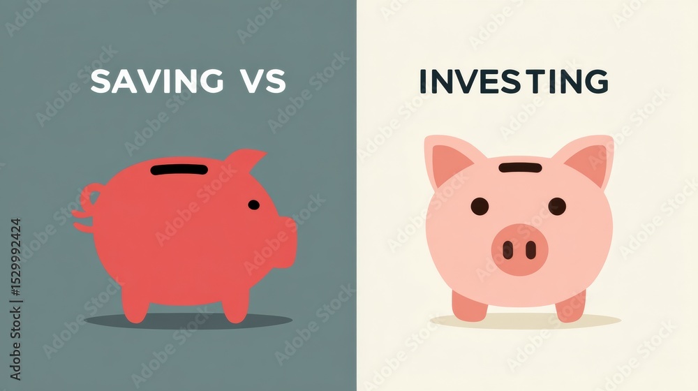 Poster understanding the differences between saving and investing in a simple dual column infographic layou