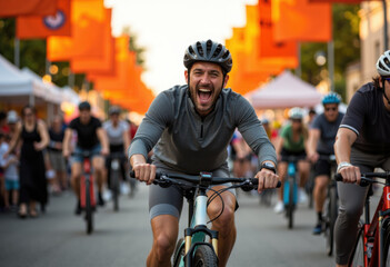 Joyful man rides bicycle with a big smile during a lively outdoor cycling event