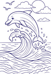 Dolphin jumping over ocean wave in black and white line art