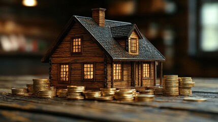 Tiny house model atop gold coin stacks on rustic wood