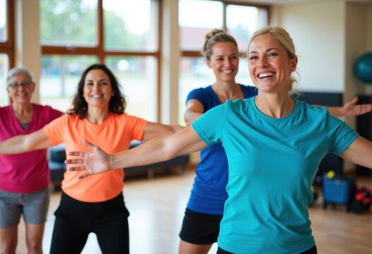 Group of women exercising together in a bright fitness studio with open arms and smiling faces