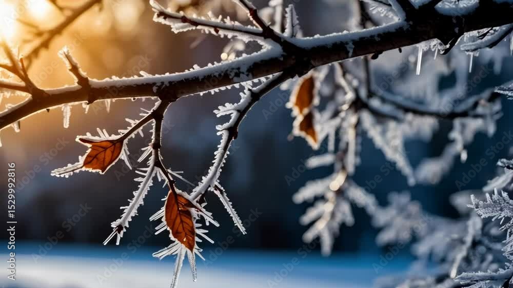 Poster close-up of frost covered tree branches and leaves with ice crystals in winter landscape scenery wit