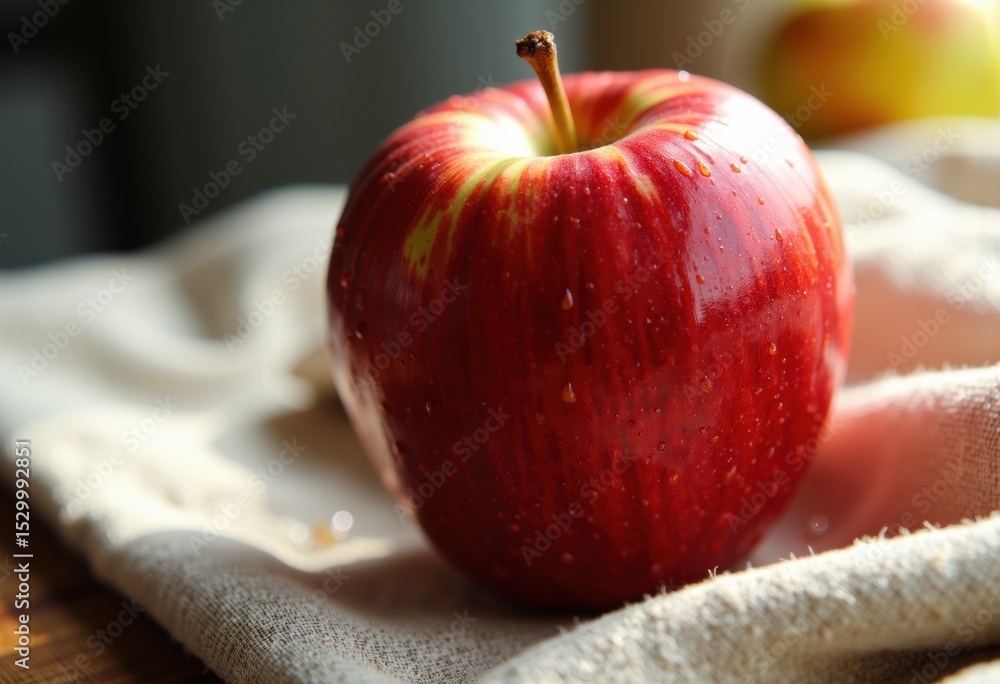 Poster fresh red apple with a shiny surface resting on a soft cloth in natural light