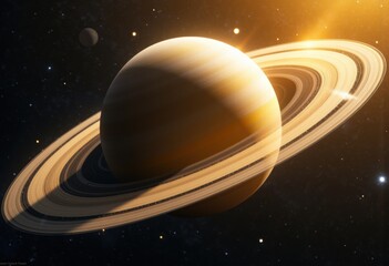 A detailed illustration of the planet Saturn with its iconic rings against a starry space background