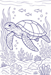 Sea turtle swimming in coral reef underwater line art style