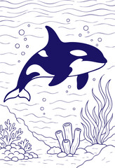 Orca swimming underwater in coral reef line art illustration