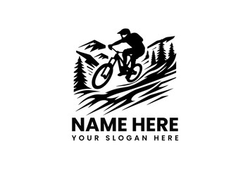 Dynamic black silhouette vector logo of extreme mountain biker jumping over rugged terrain with pine trees background