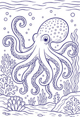 Octopus swimming in coral reef underwater scene line art style