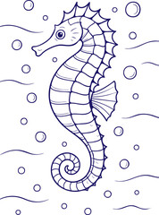 Seahorse underwater with bubbles in black and white line art