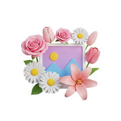 Charming 3D Render of a Picture Frame Adorned with Pink Roses, Lilies, and White Daisies