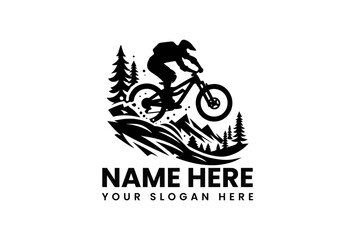 Fototapeta premium Dynamic black silhouette vector logo of extreme mountain biker jumping over rugged terrain with pine trees background