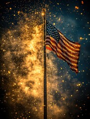 US flag waves; golden sparks against dark, dreamy sky