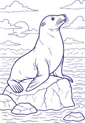 Sea lion resting on rock by ocean in black and white line art