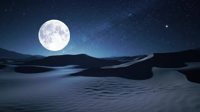 Vast desert under a full moon, rolling sand dunes casting soft shadows, clear night sky full of stars 