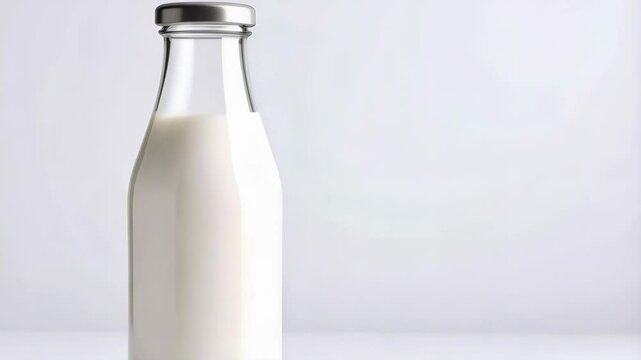 Vintage clear glass bottle of creamy white milk with metal cap against bright clean white backdrop for beverage concept