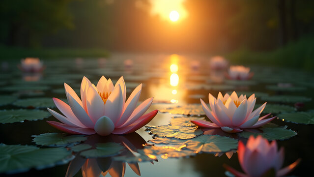Water Lilies Floating in Pond Reflecting Soft Sunset Light