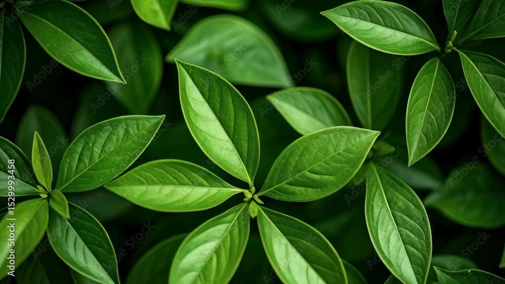Poster lush green leaves form symmetrical patterns, creating a vibrant and textured natural botanical backg