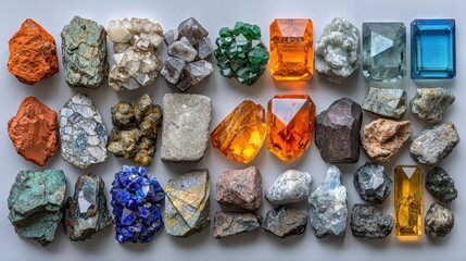 Varied minerals/crystals, arranged in rows