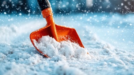 A close-up of an orange shovel digging into freshly fallen snow, showcasing the beauty of winter and the effort required to clear snowy landscapes and paths.