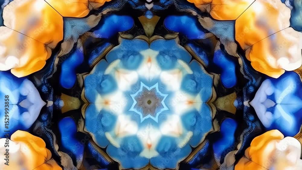 Poster abstract kaleidoscope visual with blue, orange, and white rounded shapes in symmetrical patterns cre