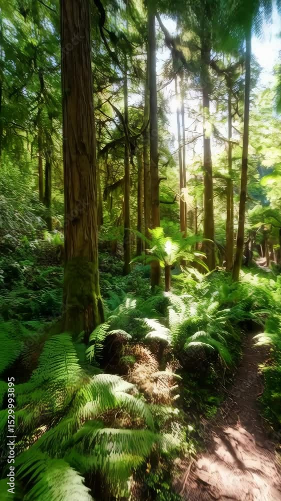 Poster sunlight filters through the dense canopy of a lush, green forest with ferns and tall trees along a 