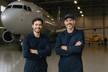 Two smiling aircraft maintenance technicians standing in airplane hangar with jet and small aircraft in background