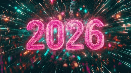 Bright fireworks display welcoming the New Year 2026 with vibrant colors