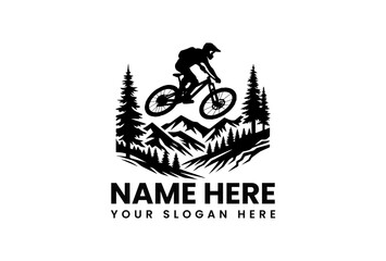 Dynamic black silhouette vector logo of a mountain biker performing a jump over rugged terrain with pine trees. Extreme sports concept