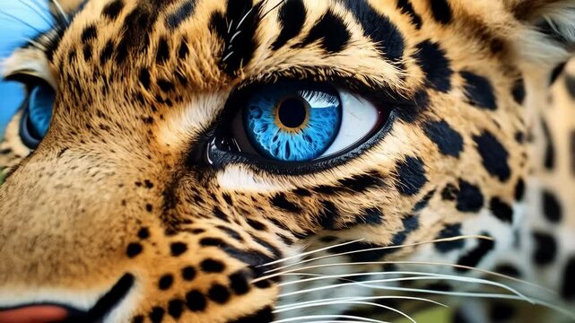 Close-up of a big cat's eye and fur, showcasing striking blue irises and spotted fur patterns for animal, wildlife, or nature concepts.