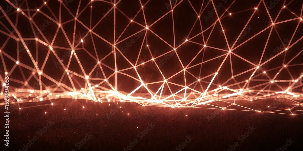 Poster abstract glowing network with interconnected nodes and lines over a dark surface plane view