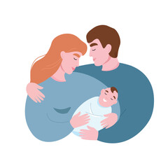 Happy young couple with a newborn baby in their arms. Parents are happy together. Vector flat graphics.