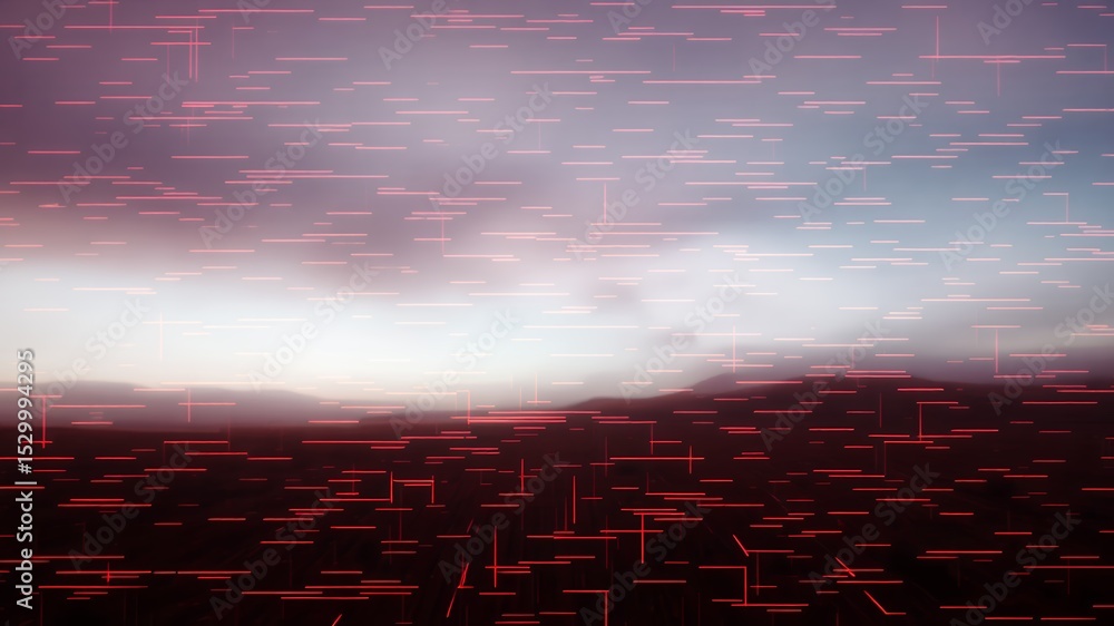 Poster a landscape view with red lines overlayed on the sky and ground creating a digital aesthetic look
