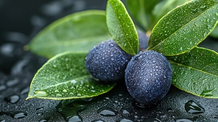 Water-kissed olives with green leaves on dark, wet stone