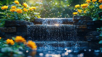 Waterfall over rock wall, vibrant yellow flowers bloom