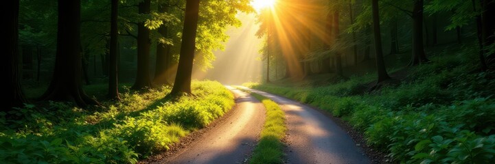 Sun-dappled road winds through dense woodland ,  photography,  country road