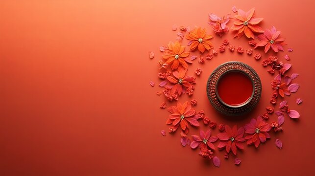 Krishna-themed Red Candle and Flowers Festival Flatlay