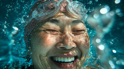 水中運動後に笑顔を見せるシニア女性